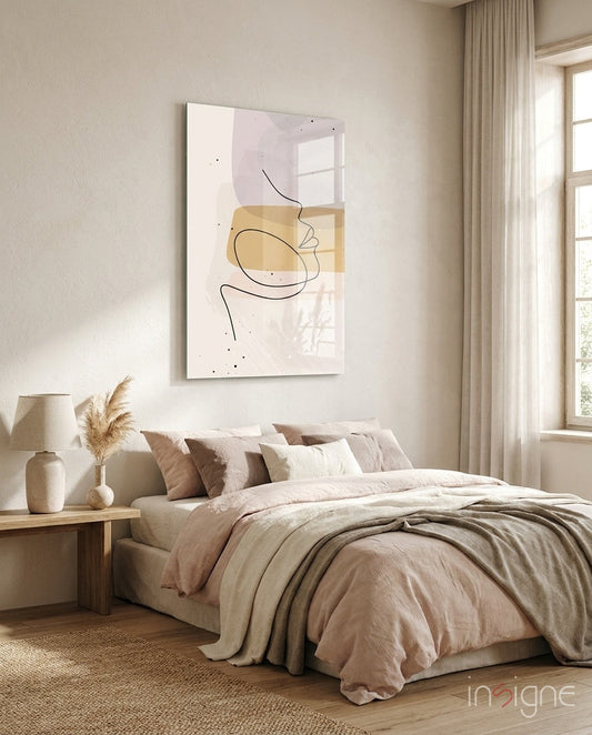 Mustard Line Portrait line-art glass wall art in mustard and lavender tones