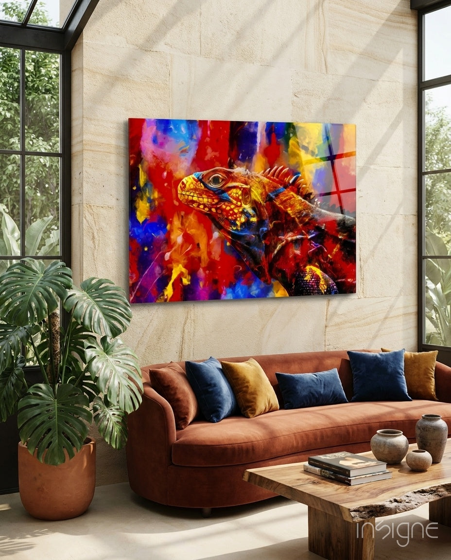 Vivid Iguana Glass Wall Art - expressionist reptile art
