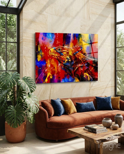 Vivid Iguana Glass Wall Art - expressionist reptile art