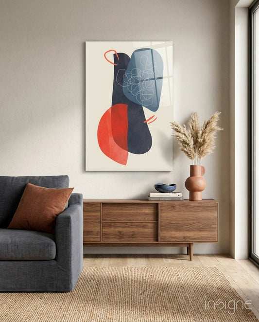 Mid-Century Forms abstract glass wall art with navy and crimson shapes