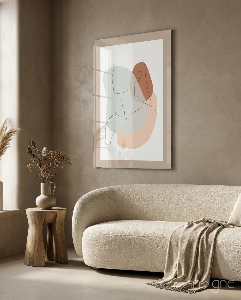 Seated Line abstract glass wall art with continuous-line figure