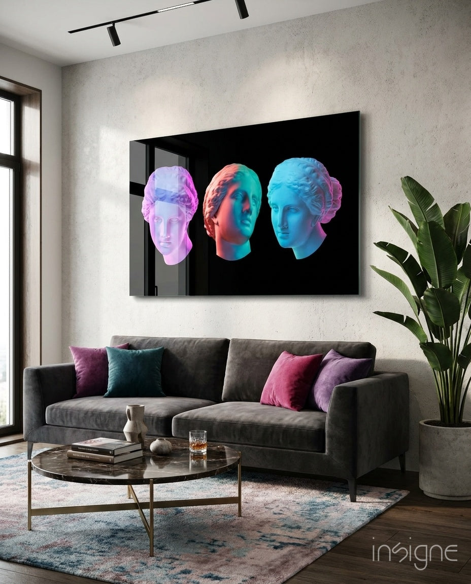 Neon pastel marble busts glass wall art