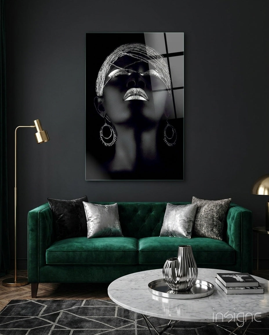 Silver woman portrait glass wall art