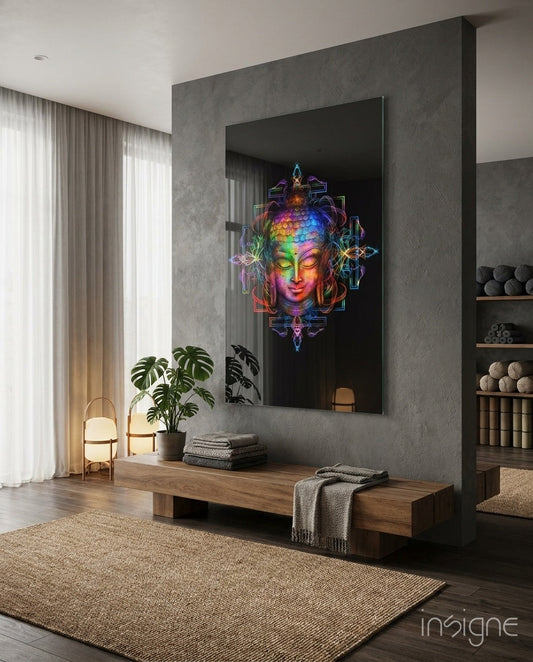 Buddha Glass Wall Art - neon chakra mandala
