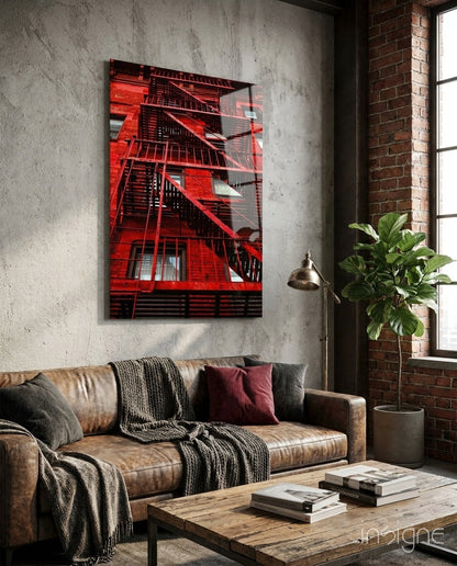 Red stairs NYC glass wall art