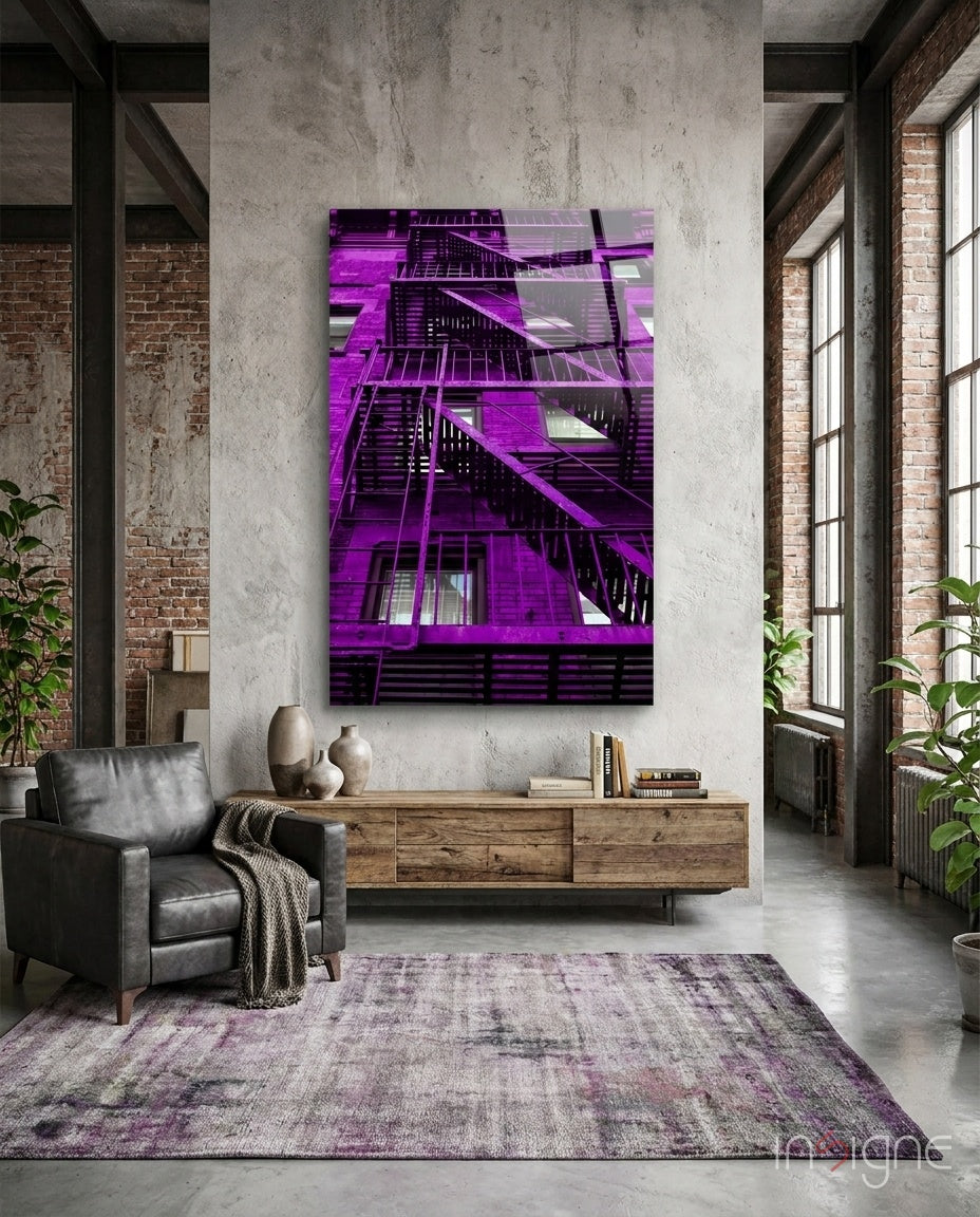 Purple fire escape stairs glass wall art