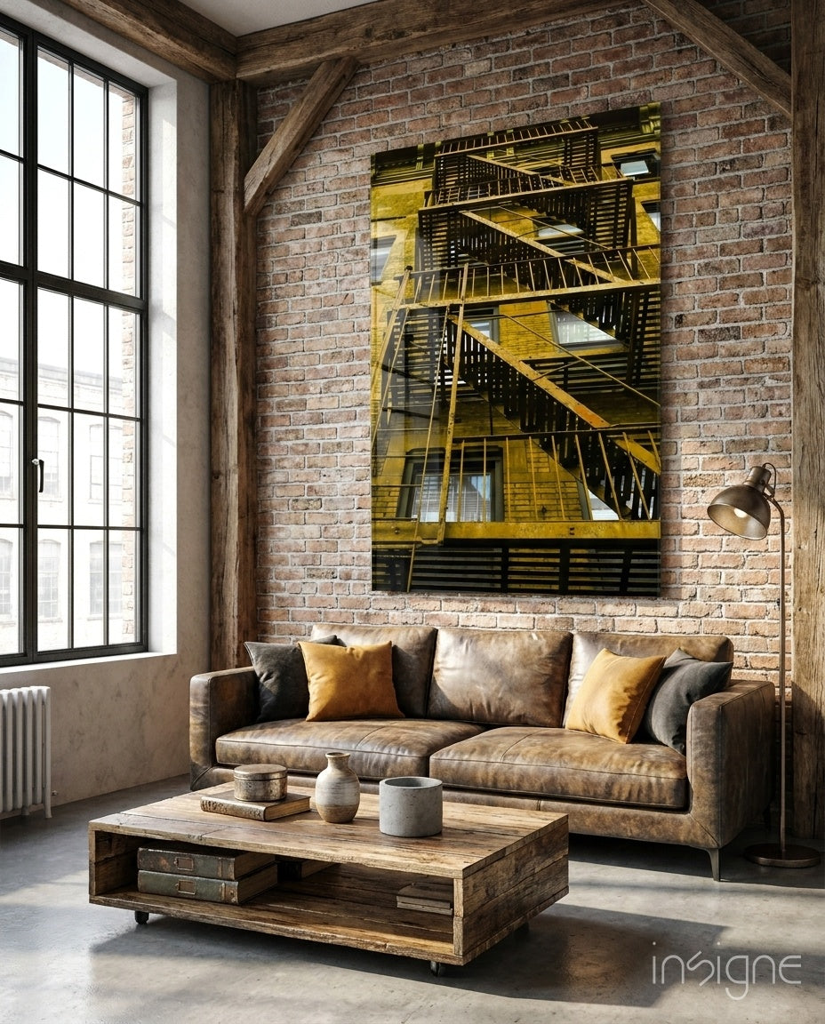 Yellow Stairs glass wall art print