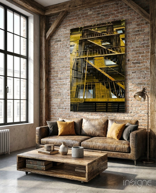 Yellow Stairs glass wall art print