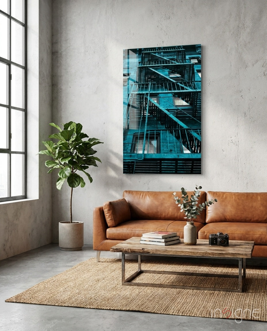Blue Stairs turquoise fire escape glass wall art