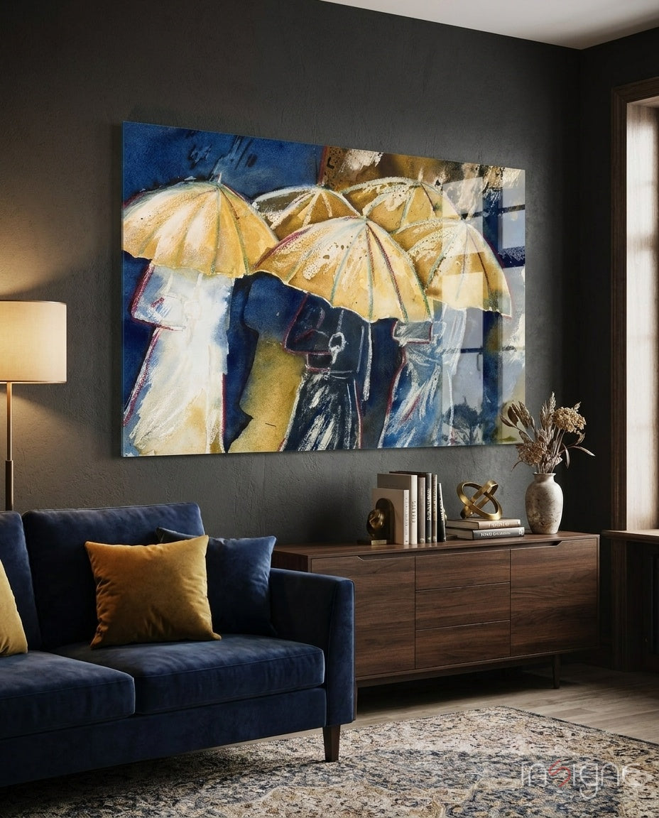 Yellow umbrellas glass wall art