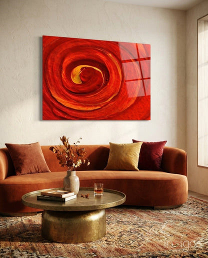 Cycle of Red abstract glass wall art, fiery oil vortex in crimson and amber on high-gloss tempered glass