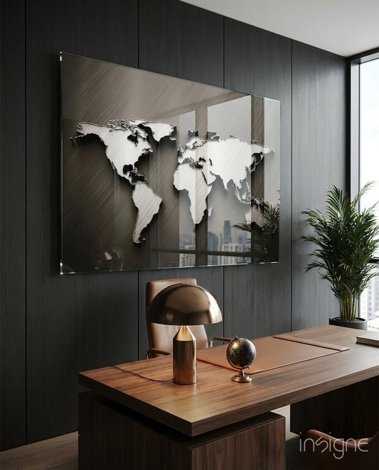 Chrome World Map glass wall art in a modern office