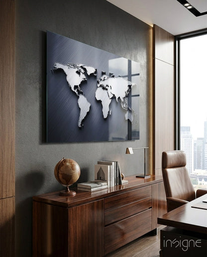 Silver world map glass wall art, glossy chrome continents on a deep navy field