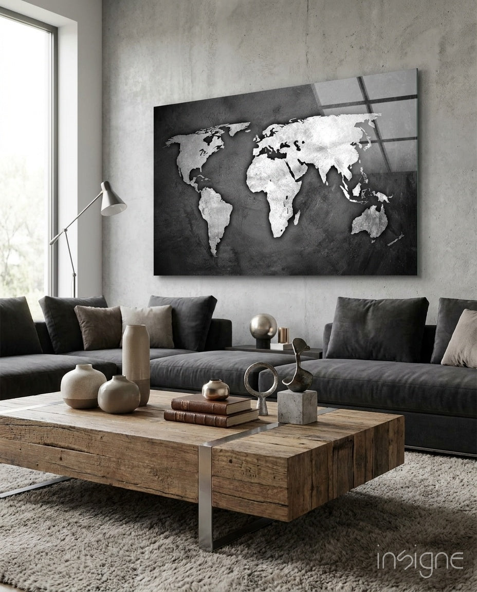 Grunge World Map glass wall art in a modern living room