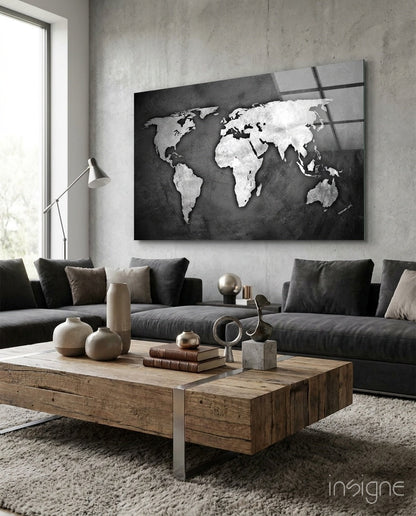 Grunge World Map glass wall art in a modern living room
