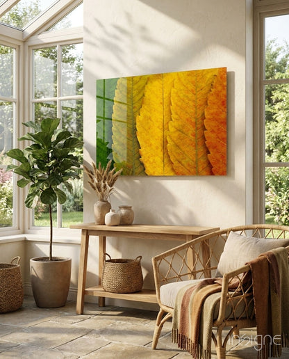 Autumn Leaves Glass Wall Art - green and amber macro foliage on tempered glass