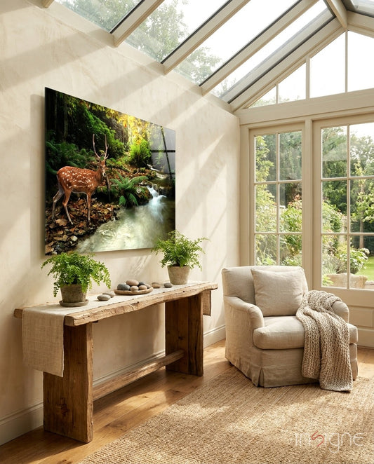 Spotted deer beside a forest stream on glass wall art