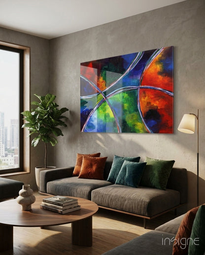 Rainbow ribbon circles abstract glass wall art