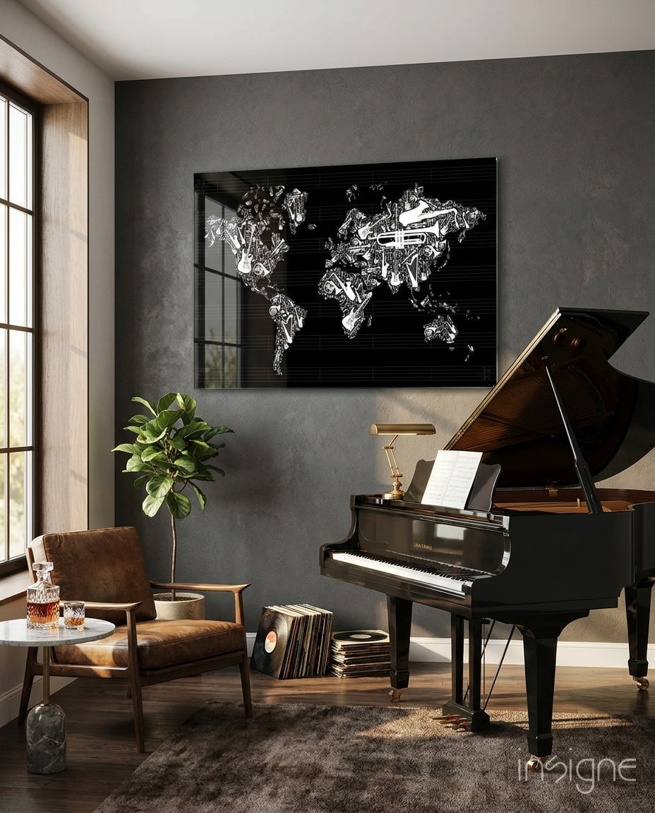 World of Music glass wall art map