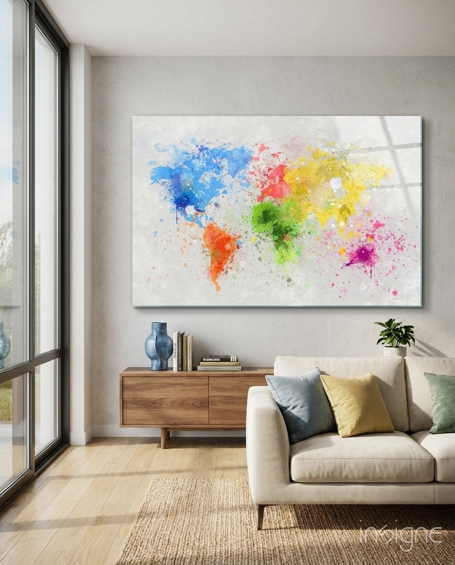 Watercolor World Map Glass Wall Art colorful