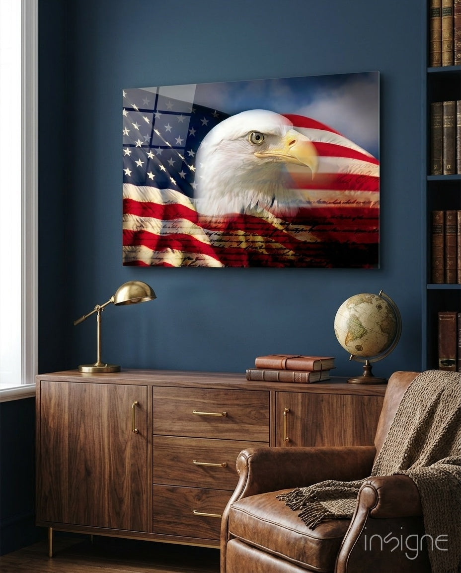 American Eagle glass wall art hanging on a modern wall