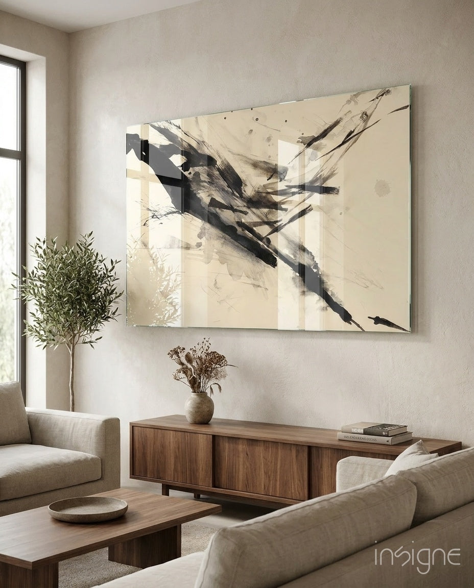 Sumi Ink Zen Abstract Glass Wall Art in black and cream tones