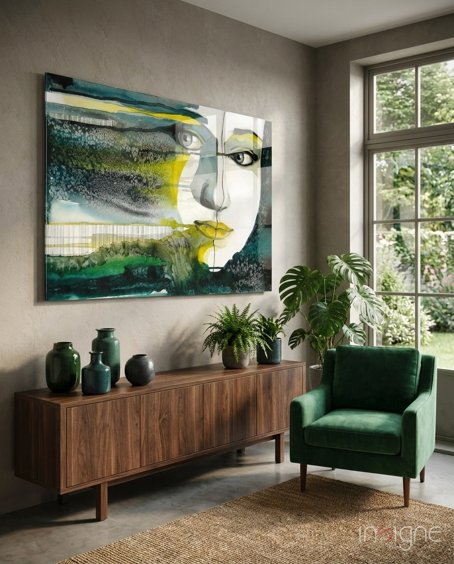 Emerald portrait glass wall art with watercolor wash design