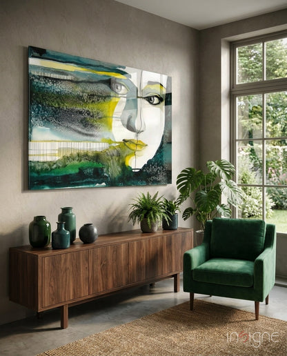 Emerald portrait glass wall art with watercolor wash design