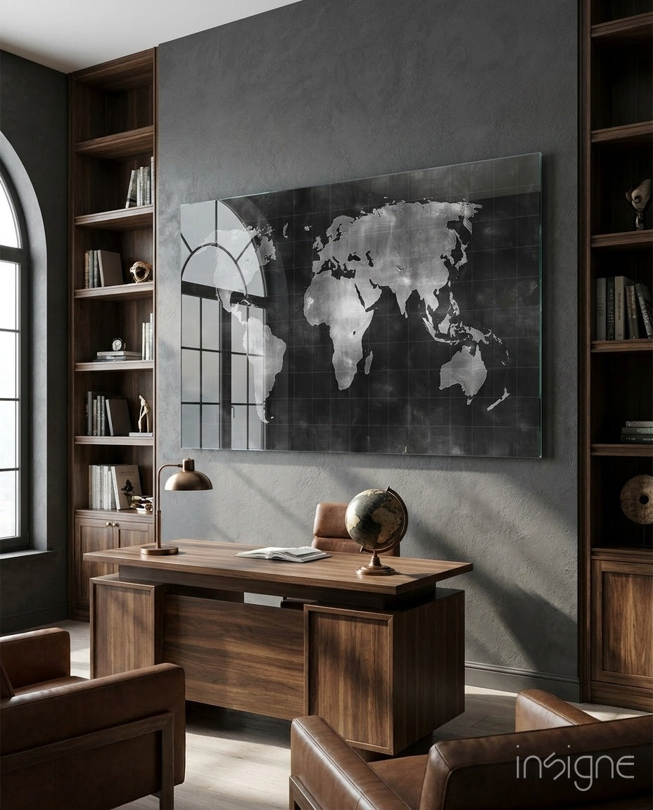 Chalkboard Map glass wall art hanging in a modern study