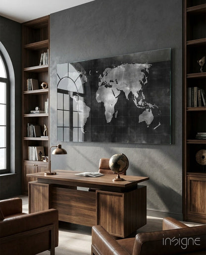 Chalkboard Map glass wall art hanging in a modern study