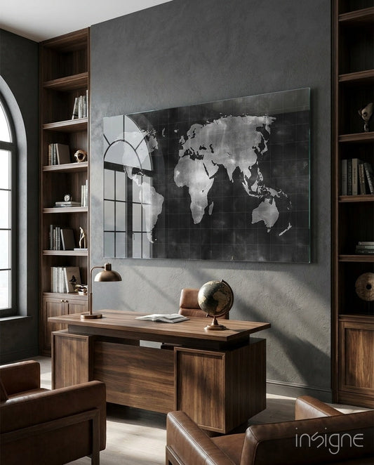 Chalkboard Map glass wall art hanging in a modern study