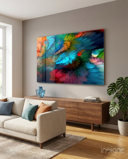 Feathered rainbow burst glass wall art in turquoise and magenta fractal pattern