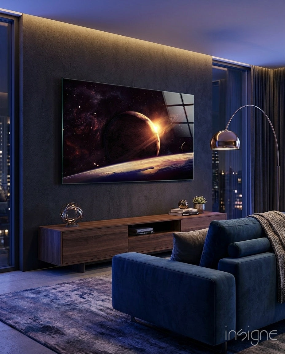 Ringed planet glass wall art print