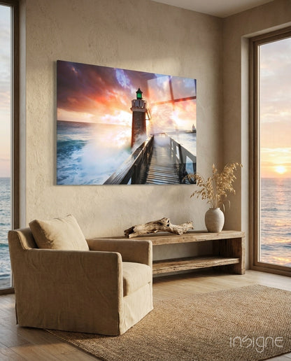 Lighthouse pier sunset glass wall art