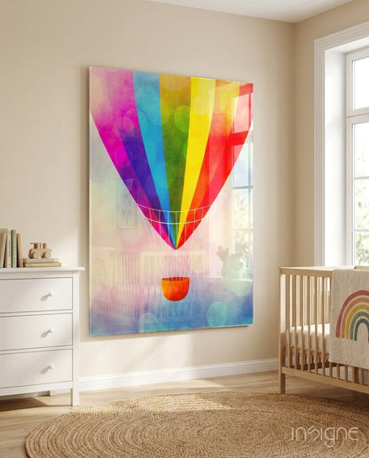 Balloon Glass Wall Art - rainbow balloon over pastel clouds on tempered glass