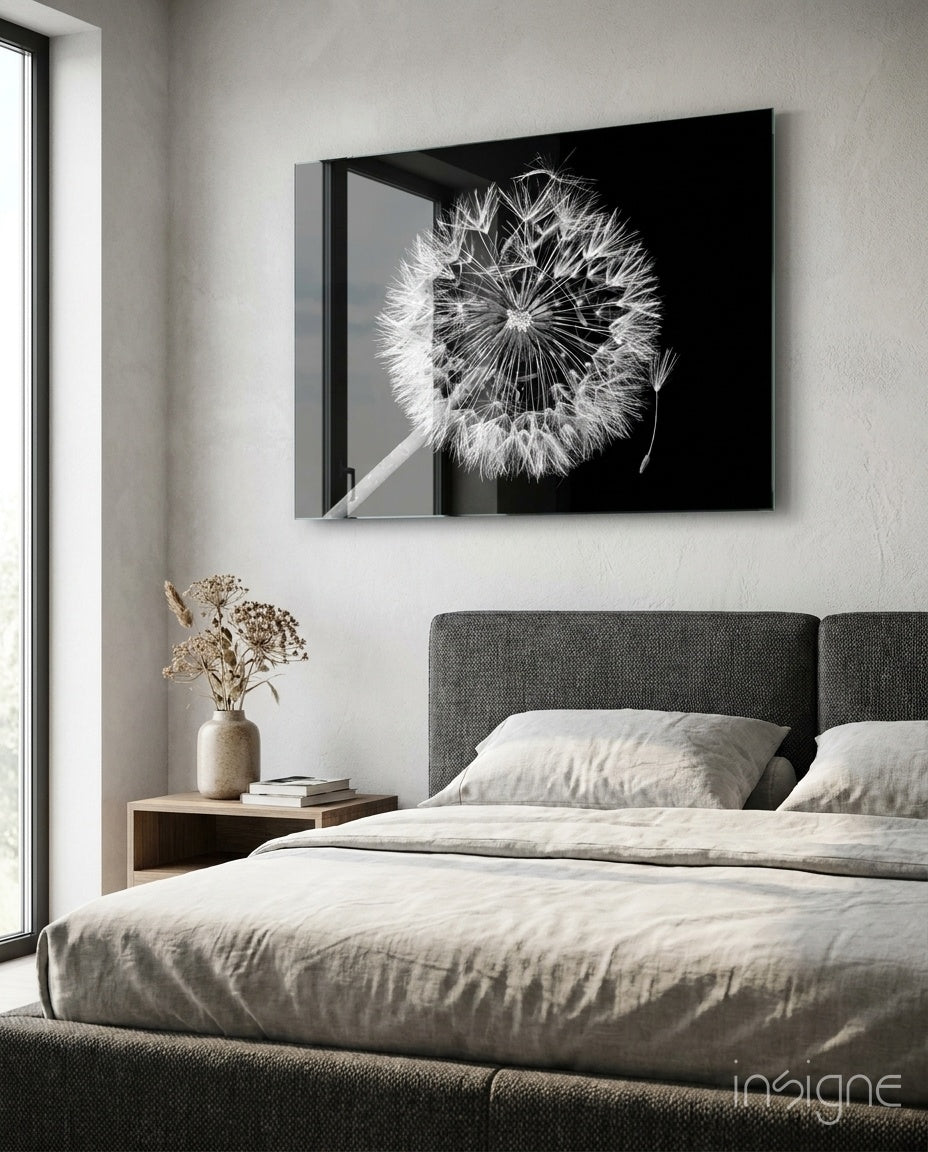 Dandelion seeds drifting glass wall art