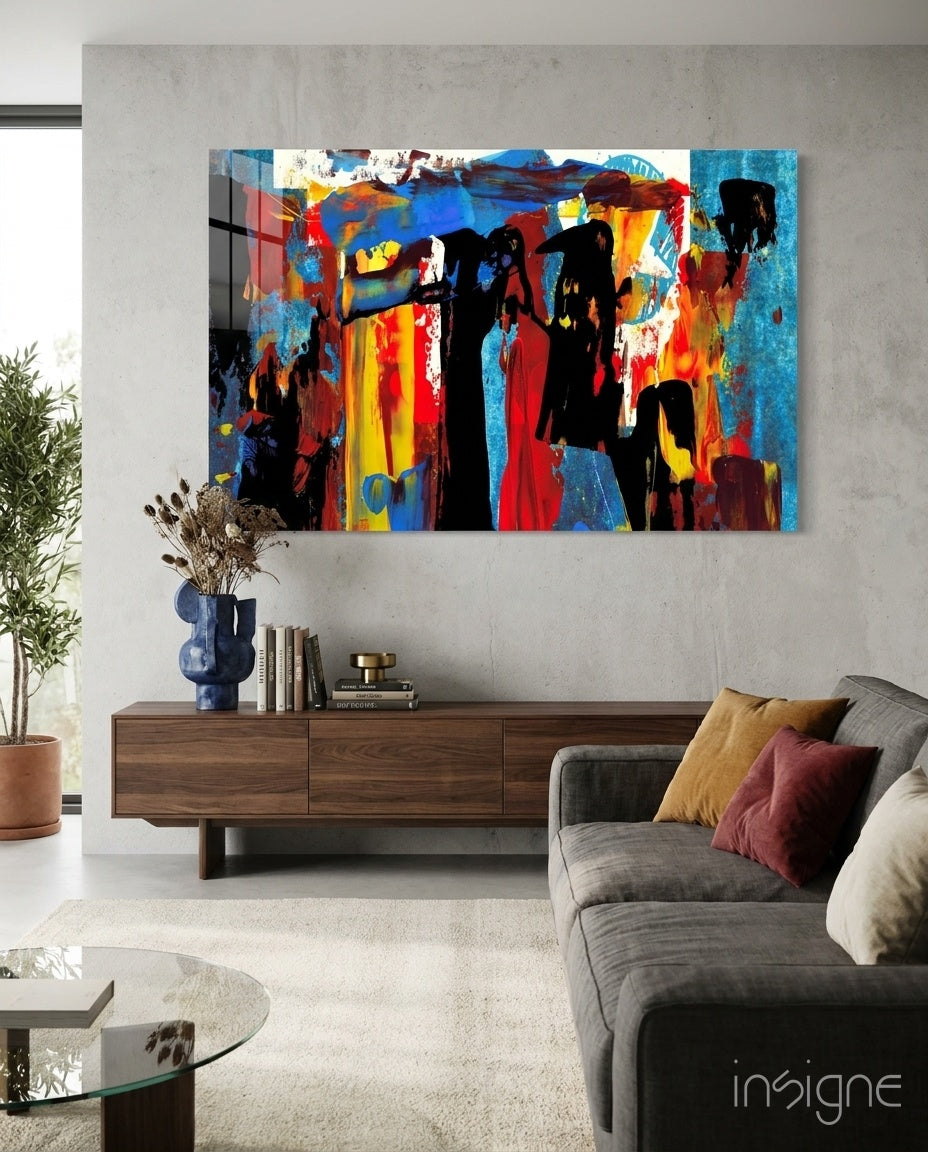 Festival Walk Silhouette Glass Wall Art in crimson and cobalt tones
