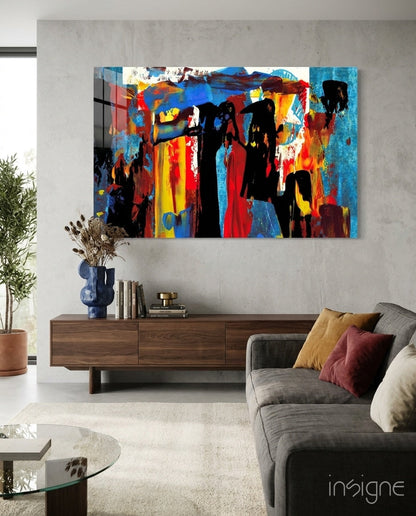 Festival Walk Silhouette Glass Wall Art in crimson and cobalt tones