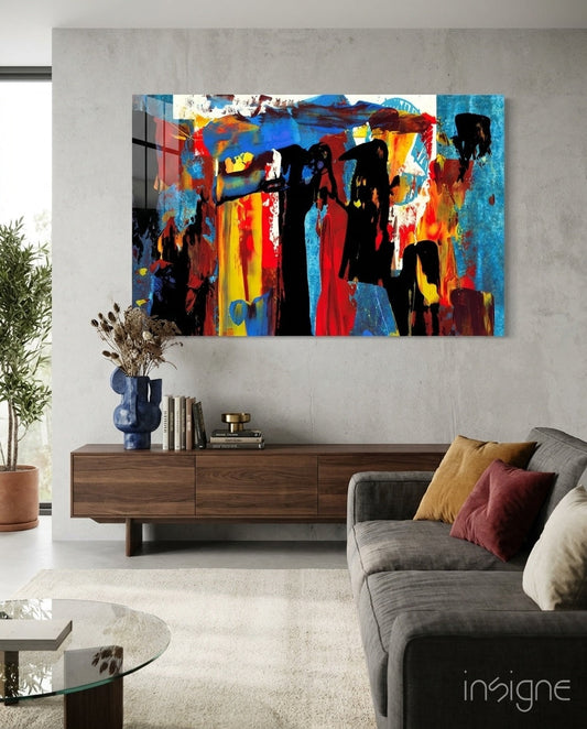 Festival Walk Silhouette Glass Wall Art in crimson and cobalt tones