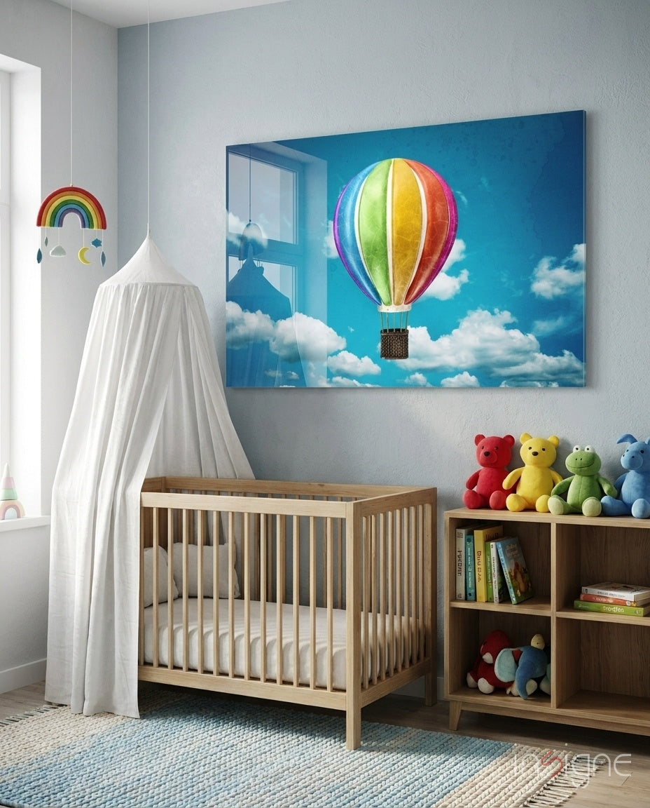 Balloon Glass Wall Art - rainbow hot-air balloon on tempered glass