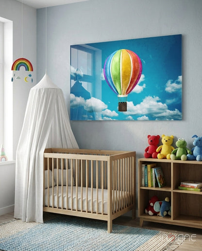 Balloon Glass Wall Art - rainbow hot-air balloon on tempered glass