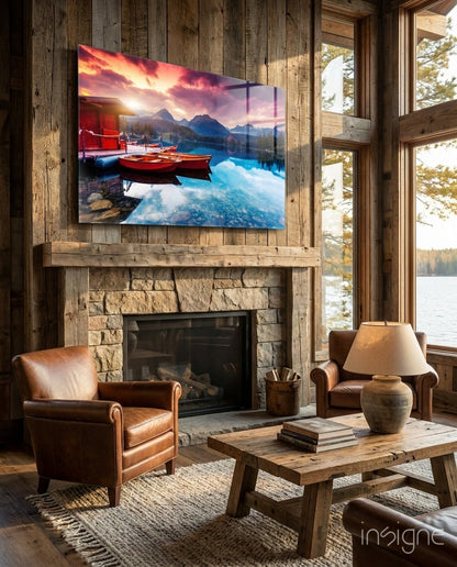 Crimson sunset mountain lake glass wall art with polished finish