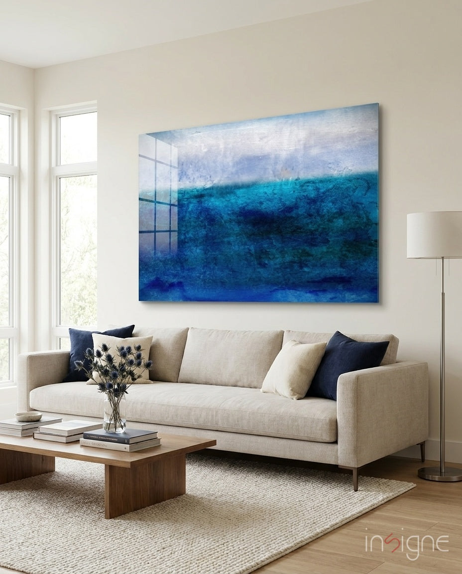 Shade of blue ocean painting glass wall art