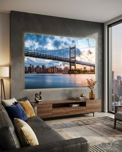 Astoria Park Glass Wall Art with Triboro Bridge NYC skyline