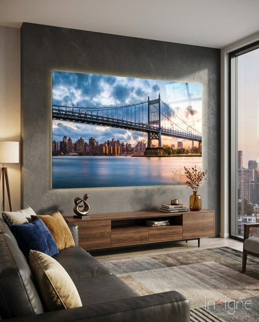 Astoria Park Glass Wall Art with Triboro Bridge NYC skyline