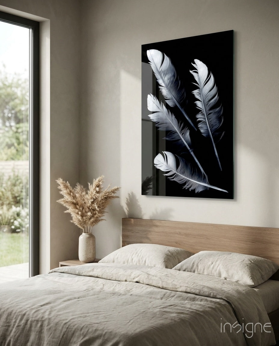 White Feathers on Black Glass Art