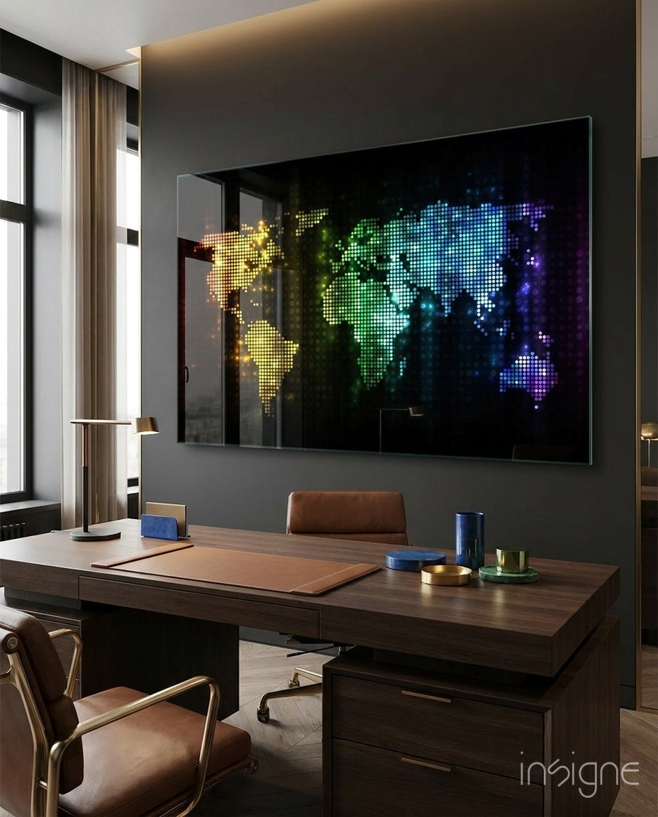 Neon Pixel Map glass wall art hanging in a modern gaming room
