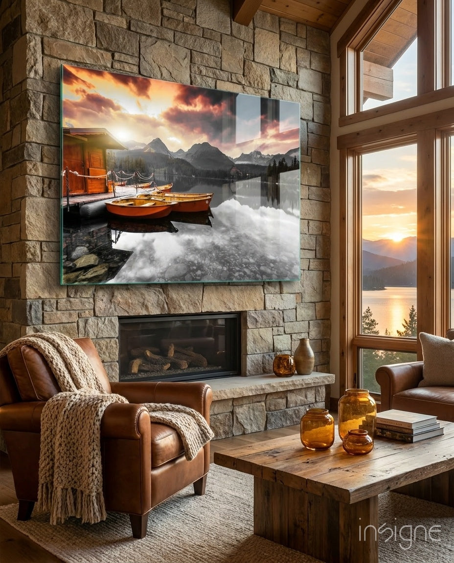 Sunrise boats mountain lake glass wall art