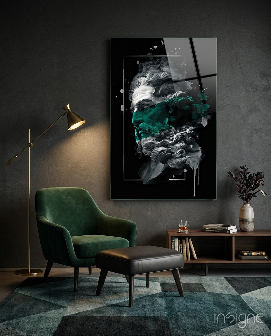 Emerald Poseidon Bust glass wall art print