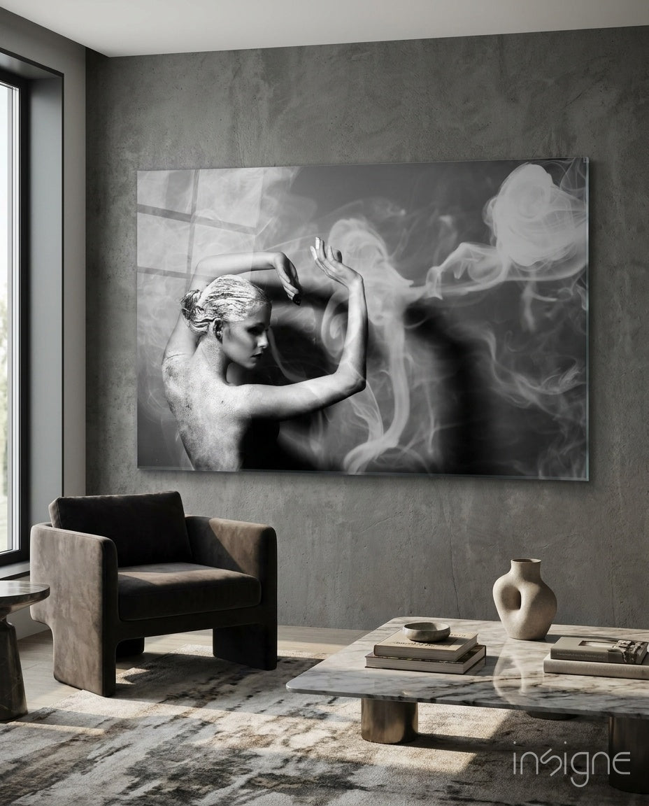 Smoke dance monochrome glass wall art